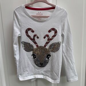 Jingles & Joy 4T Girls White Sequin Reindeer Christmas Holiday Ling Sleeve Top